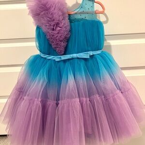 Girls party dress in blue and lilac imbre shade